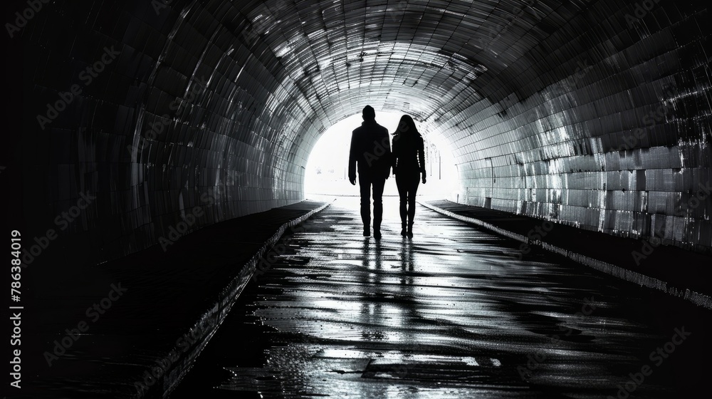 Silhouetted figures of a couple walking side by side in a dimly lit tunnel