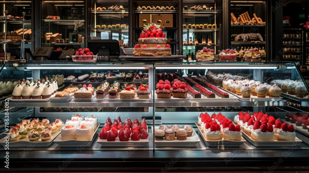 A display case filled with various types of desserts, showcasing a mouth-watering selection