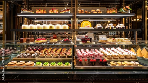 A display case filled with a variety of delicious pastries including croissants, muffins, tarts, and cookies
