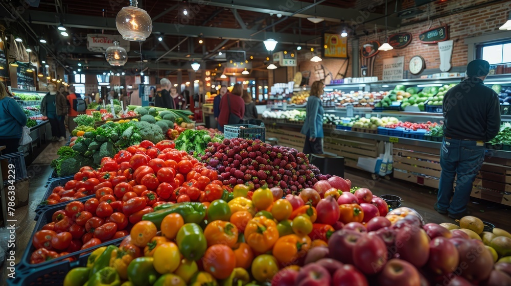 A lively scene at a bustling farmers market packed with a colorful array of fresh fruits and vegetables