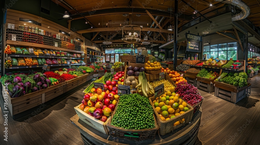 A bustling grocery store filled with an abundance of fresh fruits and vegetables for sale, creating a vibrant and lively atmosphere