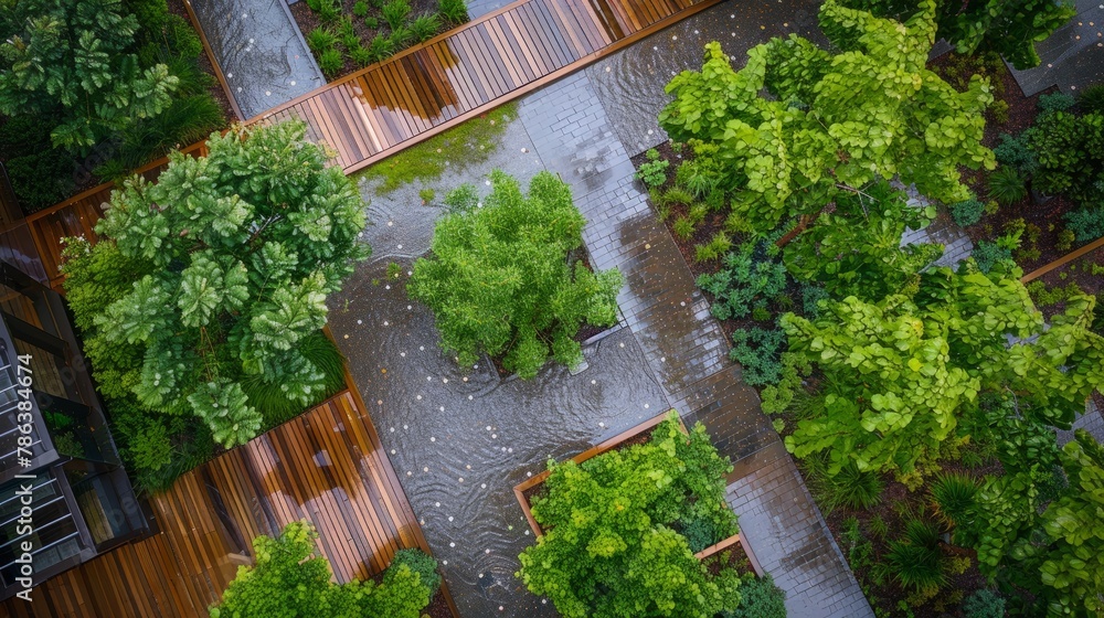 An aerial view of a garden with a river flowing through, showcasing green infrastructure in action during a rainstorm with water pooling