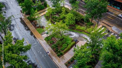 A city street densely lined with trees and plants, showcasing a green infrastructure project in action during a rainstorm with water pooling around the vegetation