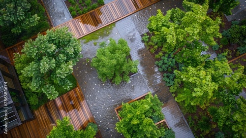 An aerial view of a garden with a river flowing through, showcasing green infrastructure in action during a rainstorm with water pooling