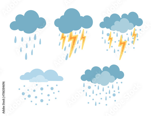 Set of rain and snowy clouds with thunder icons vector illustration isolated on white background