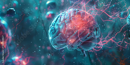 digital illustration of human brain with scientific background, nerve impulse stimulation