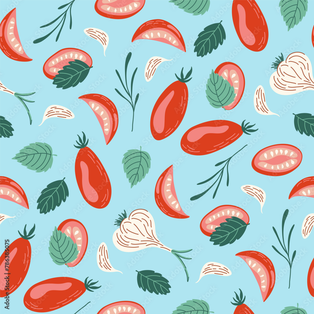 Seamless pattern of tomatoes, garlic, basil and herbs on blue backdrop. Background with fresh vegetables. Ingredients for making sun-dried tomatoes. Flat style hand drawn vector illustration.
Seamless pattern of tomatoes, garlic, basil and herbs on blue backdrop. Background with fresh vegetables. Ingredients for making sun-dried tomatoes. Flat style hand drawn vector illustration.
