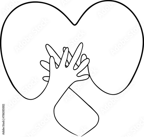 Continuous line drawing of two hand holding hugging heart. Vector illustration