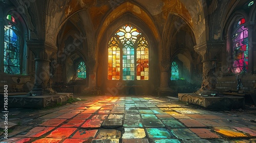Gothic cathedral with stained glass casting colorful mystical symbols onto the stone floor photo