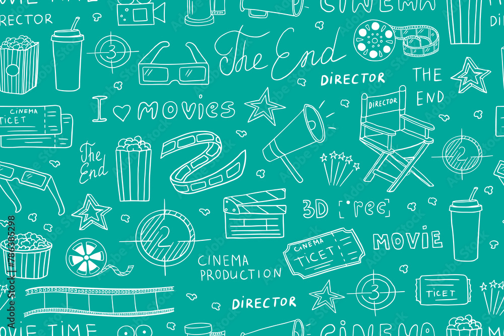 Seamless pattern of film strips, popcorn, cinema flapper, director's chair, cinema tape, 3D glasses, cinema ticket. Vector illustration EPS10 in doodle style. Hand drawn Seamless pattern of film strips, popcorn, cinema flapper, director's chair, cinema tape, 3D glasses, cinema ticket. Vector illustration EPS10 in doodle style. Hand drawn