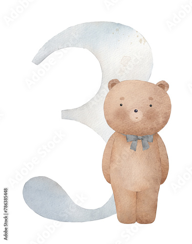Three and teddy bear. Can be used for baby card. Watercolor hand drawn illustration.