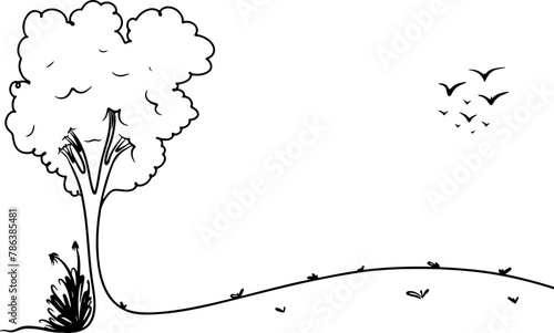 Countryside landscape in continuous line art drawing style. Trees with grass flower and flying bird. Vector illustration