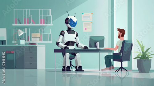 Job Interview With Futuristic Robot In Modern Office. Ai Replacing Humans. Taking Our Jobs In The Future. Generative Ai