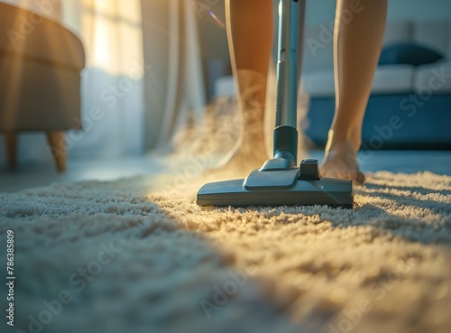 A woman is using the vacuum cleaner to clean up dust on carpet at home
