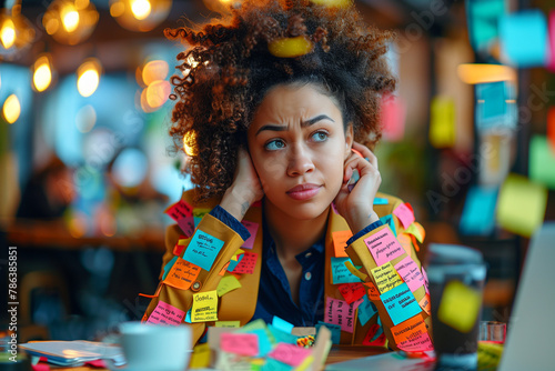 Black girl wearing clothes full of colorful post it notes thinking about when to start frustrated tired and upset
