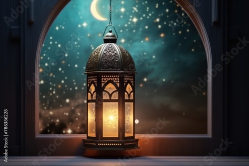Beautiful lantern and glows against dark background of night sky. Islamic greeting card for Eid al-Fitr. Copy space.
