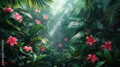 Lush jungle with vines and leaves that subtly form life symbols  hidden paradise