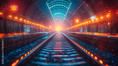 Magical train station with tracks that glow with navigational symbols, journey to the unknown photo