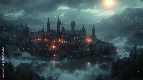 Majestic castle at night, banners waving with live glowing emblems, regal and magical photo