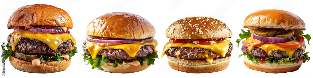 Obraz premium Collection of cheeseburger hamburger topped with cheese cutout png isolated on white or transparent background 