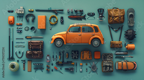 Knolling with car and objects. Travel car trip concept photo
