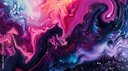 Fluent acrylic background with mixed overflowing paints. Fluid art texture colored waves and swirling forms. An abstract mixture of liquid colorants that flows up and down making wavy backdrop photo