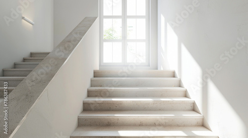 Refined beige stairs with Scandinavian aesthetics  situated in a serene lounge with a window.