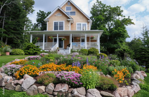 A house with an attractive front yard, featuring colorful flowers and neatly arranged rocks for landscaping © Kien