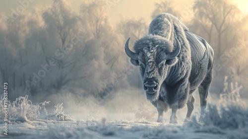 A bison standing in a snowy field. The bison is facing the viewer and is covered in snow. The background is a snowy forest. photo