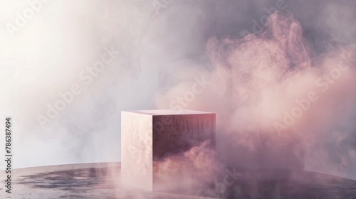 Minimal abstract background. Geometric pink pedestal in smoky atmosphere