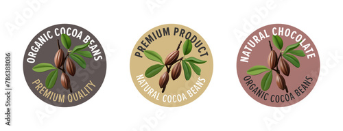 Cocoa bean label, 3D. A branch of cocoa beans with text in a circle. For food product design concepts, packaging, and tasty sweet food products. Vector illustration.