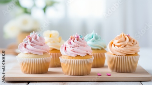Assortment of cupcakes with pastel-colored frosting and sprinkles on a wooden board, set against a bright, airy background