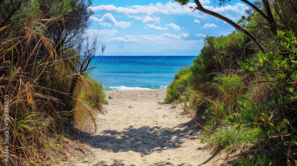Sandy pathway between green shrubs opening to a secluded beach with a clear blue sea and bright sky