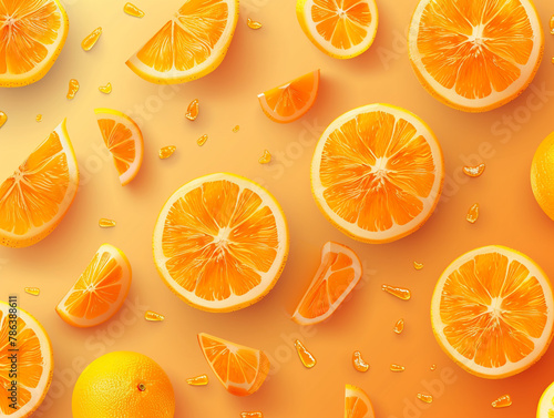 Orange fruits sliced top view on orange background. Design for packaging presentation, advertising and cosmetic product display background. 