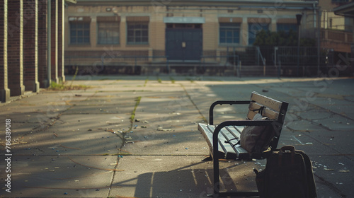 A school bag placed on a bench in a deserted school courtyard during a peaceful afternoon.