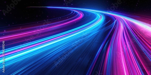 Vibrant light trails in blue and pink hues against a starry night sky, depicting high-speed motion.
