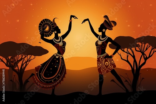 African folk dancers, giraffe and tribal pattern vector, traditional ornament, for social media stories, wall art, twilight, facetoface angle photo