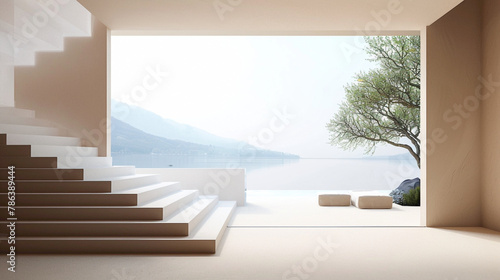 Elegant beige stairs in a minimalist Scandinavian lounge with a window framing a beautiful scene.