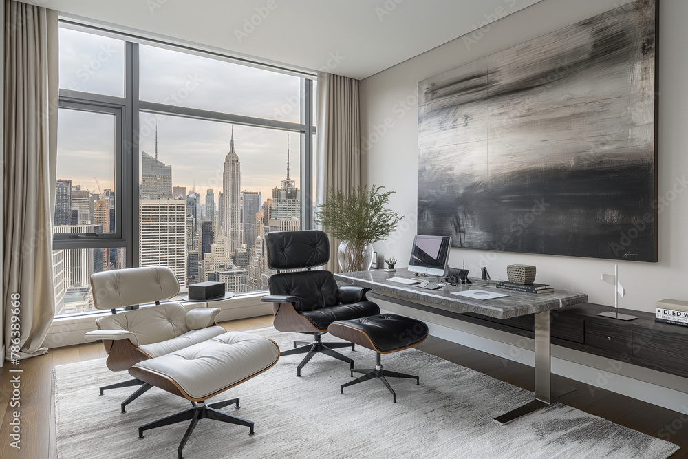 Fototapeta premium Modern New York City High-Rise Home Office with Minimalist Design, Ergonomic Furniture, Monochrome Palette, Evening Light