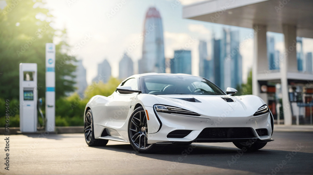 Fototapeta premium Modern sports car parked in front of hydrogen refuelling station in city. Hydrogen fuel charging station. Green energy and zero emission transport