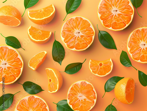 Orange fruits sliced top view on orange background. Design for packaging presentation, advertising and cosmetic product display background.  photo