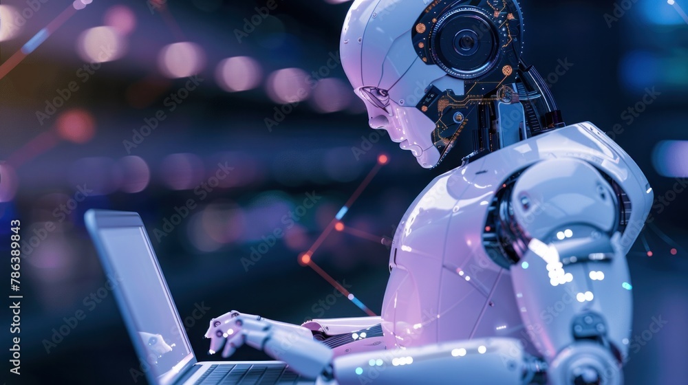 Fototapeta premium Illustration of robot humanoid using laptop, symbolizing global network connection.