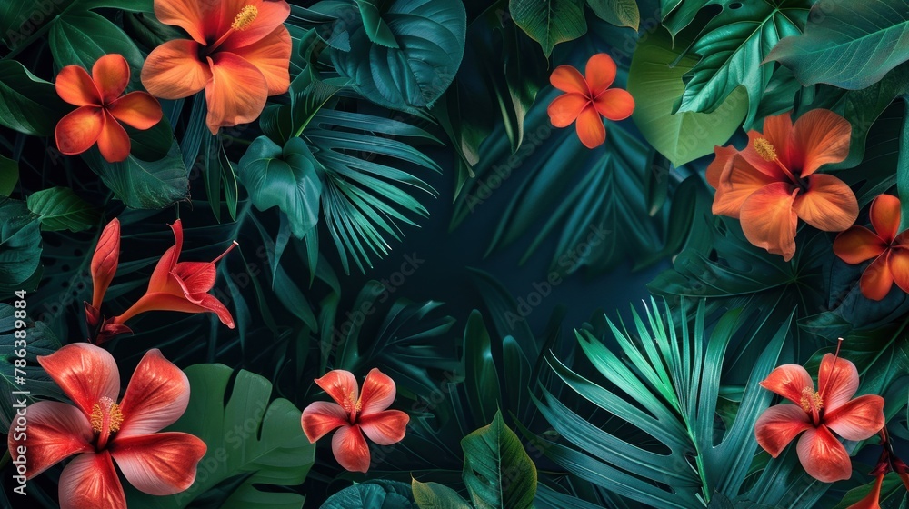 Abstract background with lush vines and tropical flowers for text Abstract background with lush vines and tropical flowers for text