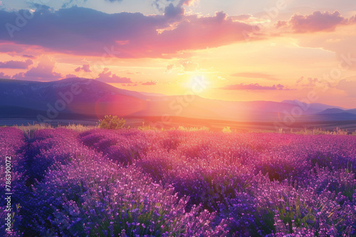 Stunning landscape with lavender field at sunset 