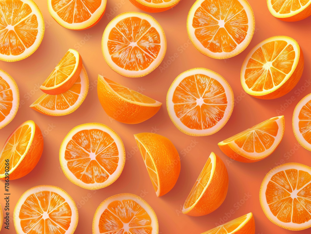 Orange fruits sliced top view on orange background. Design for packaging presentation, advertising and cosmetic product display background. Orange fruits sliced top view on orange background. Design for packaging presentation, advertising and cosmetic product display background.