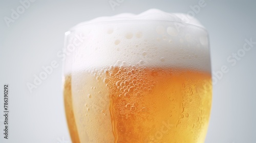 Close-up view of a frosty glass of beer, foam cresting above the clear amber liquid, set against a crisp white background in 4k