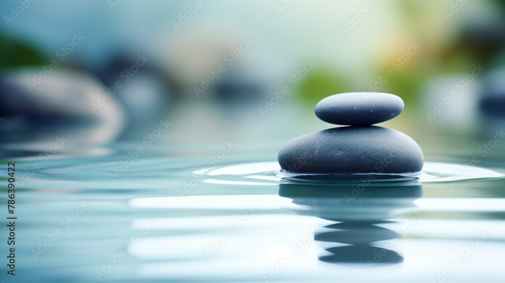 Serene image of smooth Zen stones in clear water, creating a peaceful spa wellness backdrop, captured in minimalist style in 4k - obrazy, fototapety, plakaty 