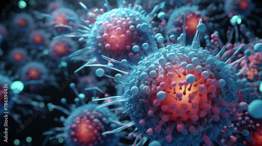 Fototapeta premium Close-up on vibrant virus structures within a sea of data, a 4k representation of infectious agents in the digital age