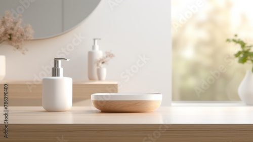 Minimalist white bathroom setting with a wooden table top in the foreground  blurred for focus  a pristine space for product presentation in 4k