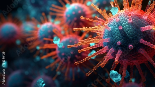 Close-up on vibrant virus structures within a sea of data, a 4k representation of infectious agents in the digital age photo